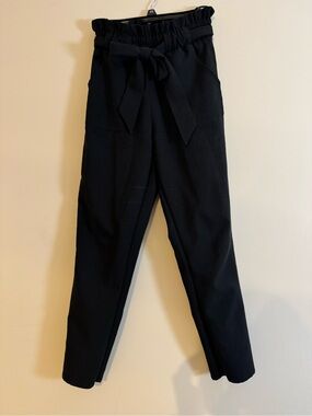 High-Waist Paperbag Tie-Waist Black Pants - Women's